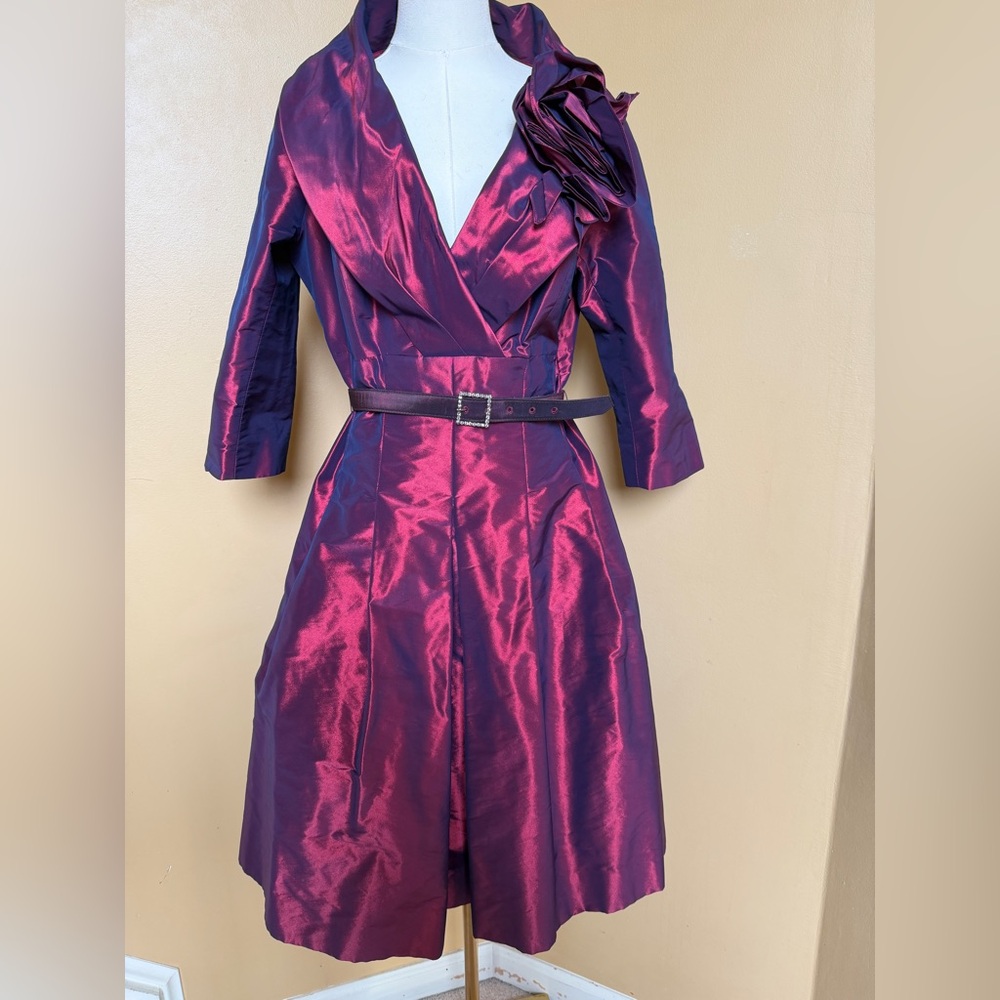 Teri Jon Rickie Freeman Dress Shirt Waist Belted Plum Taffeta Cocktail